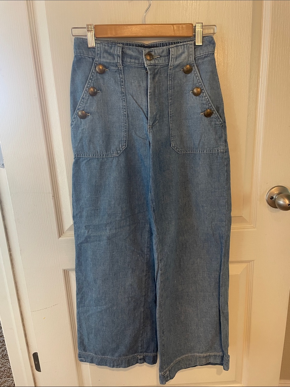 Nautica Light Blue High-Rise Wide-Leg Jeans with Brass Button Accents